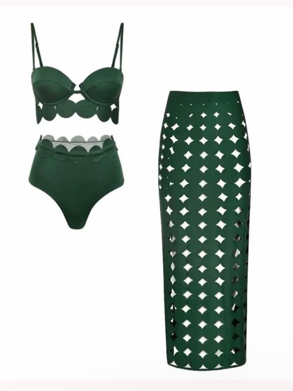 NWOT Green 3 Piece Laser Cut Bikini Swimsuit and Skirt